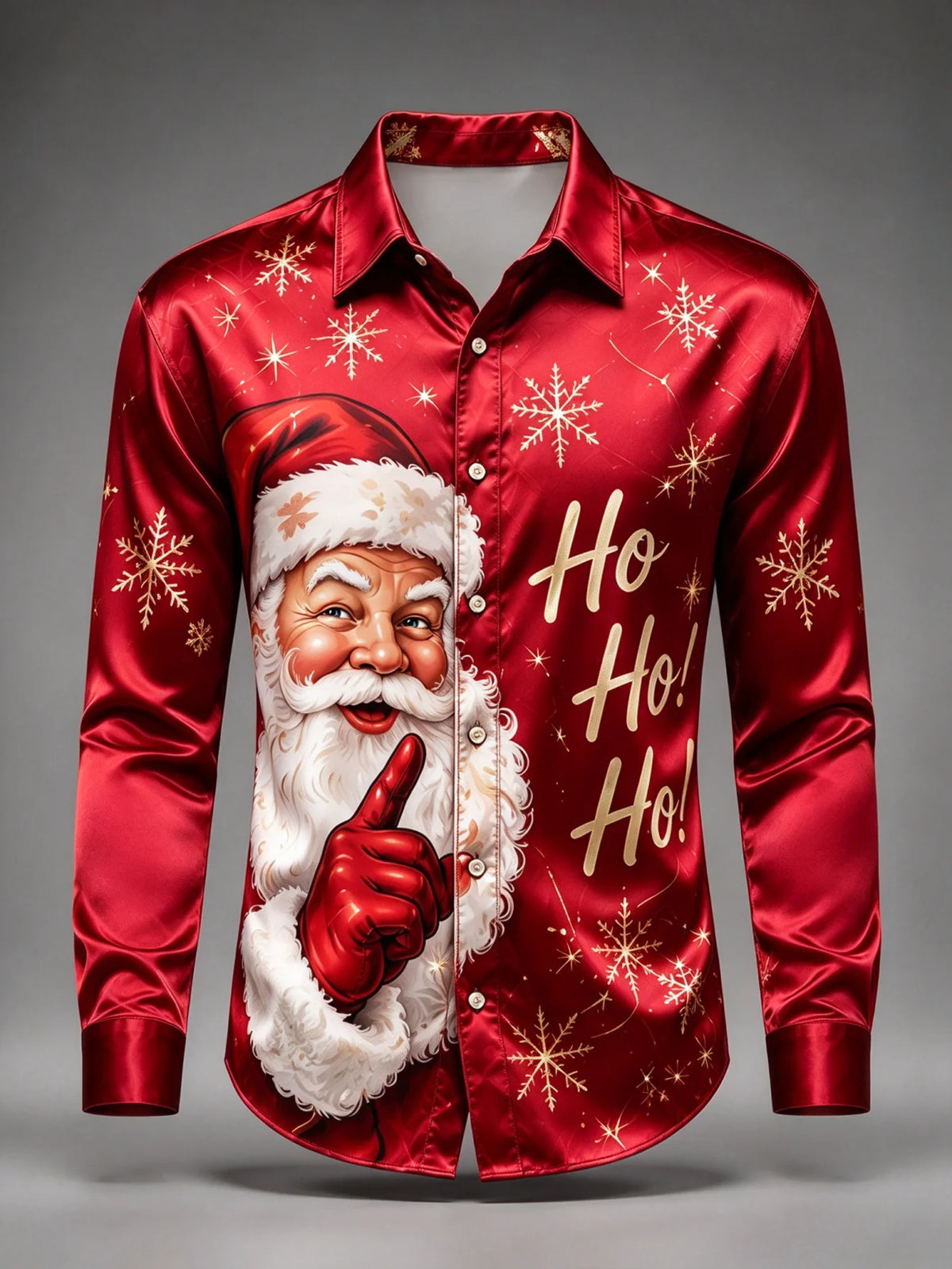 Cruz | Satin Christmas Blouse Ho Ho Ho Santa Print Button-Up Shirt