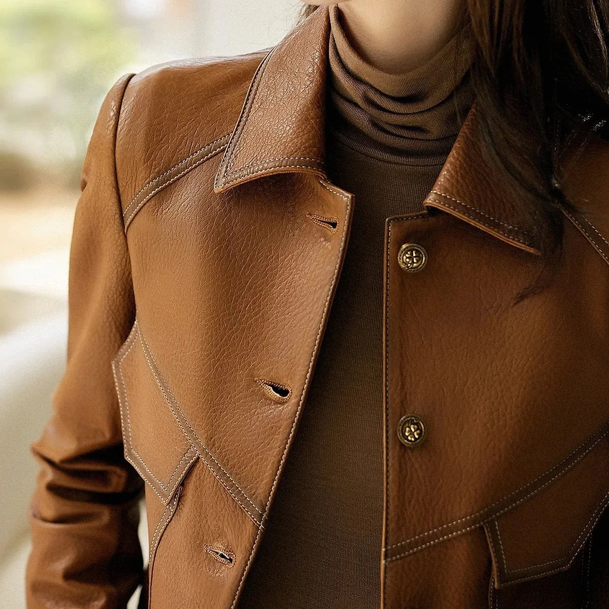 Dietlinde | Notch Lapel Leather Jacket with Patch Pockets