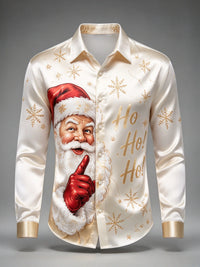 Cruz | Satin Christmas Blouse Ho Ho Ho Santa Print Button-Up Shirt