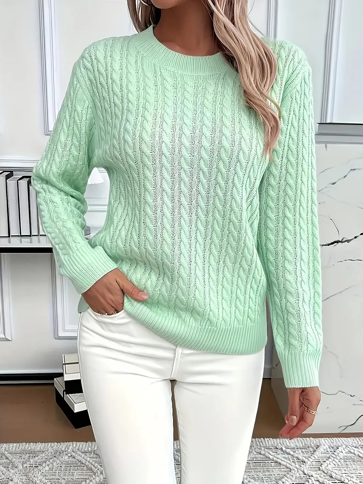 Dagmar | Cable Knit Sweater Round Neck Pullover for Women