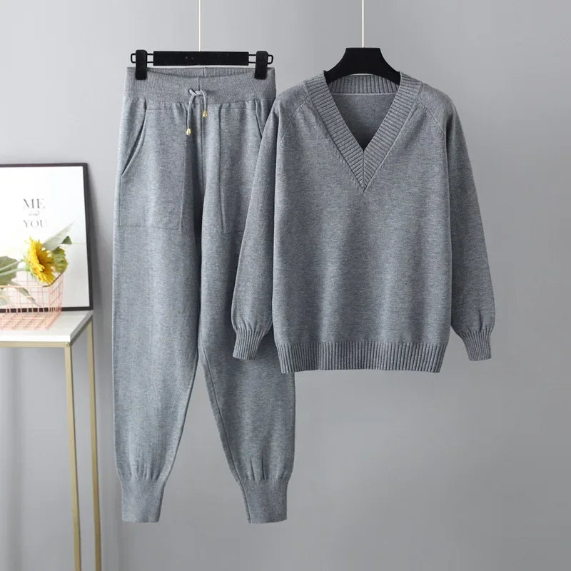 Margje | Ribbed V-Neck Sweat Set with Drawstring for Women