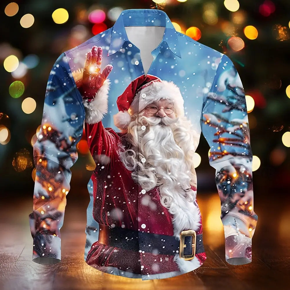 Cedric | Santa Print Button-Down Christmas Blouse for Men