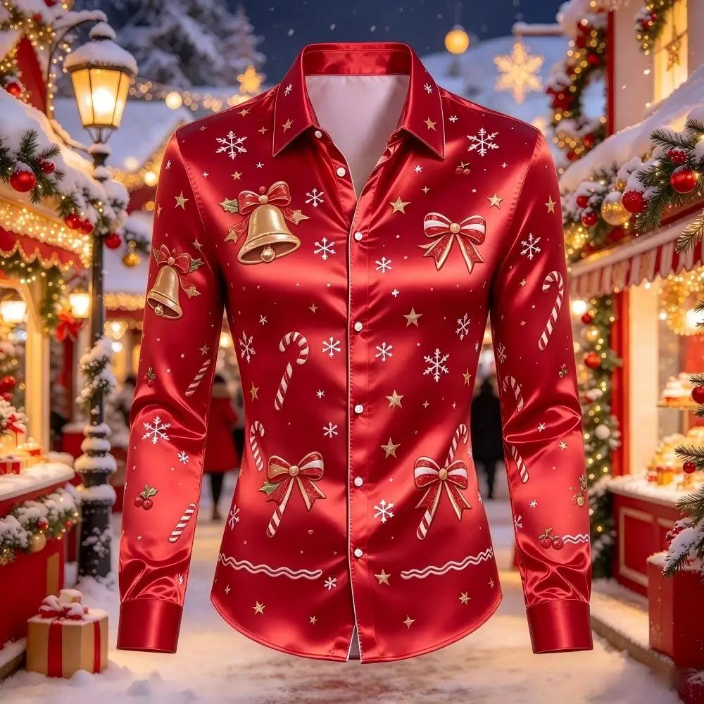 Leopold | Satin Gingerbread Print Button-Down Christmas Blouse