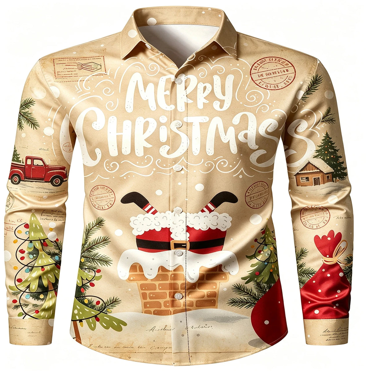 Lennert | Santa Chimney Print Button-Down Christmas Blouse