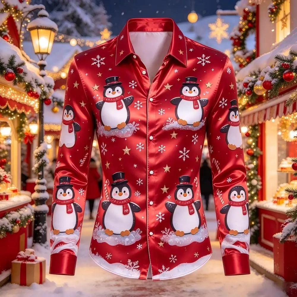 Leopold | Satin Gingerbread Print Button-Down Christmas Blouse