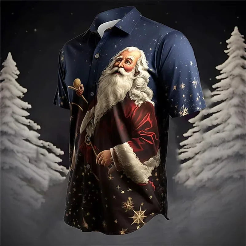 Carter | Short Sleeve Christmas Blouse with Santa Print for Men