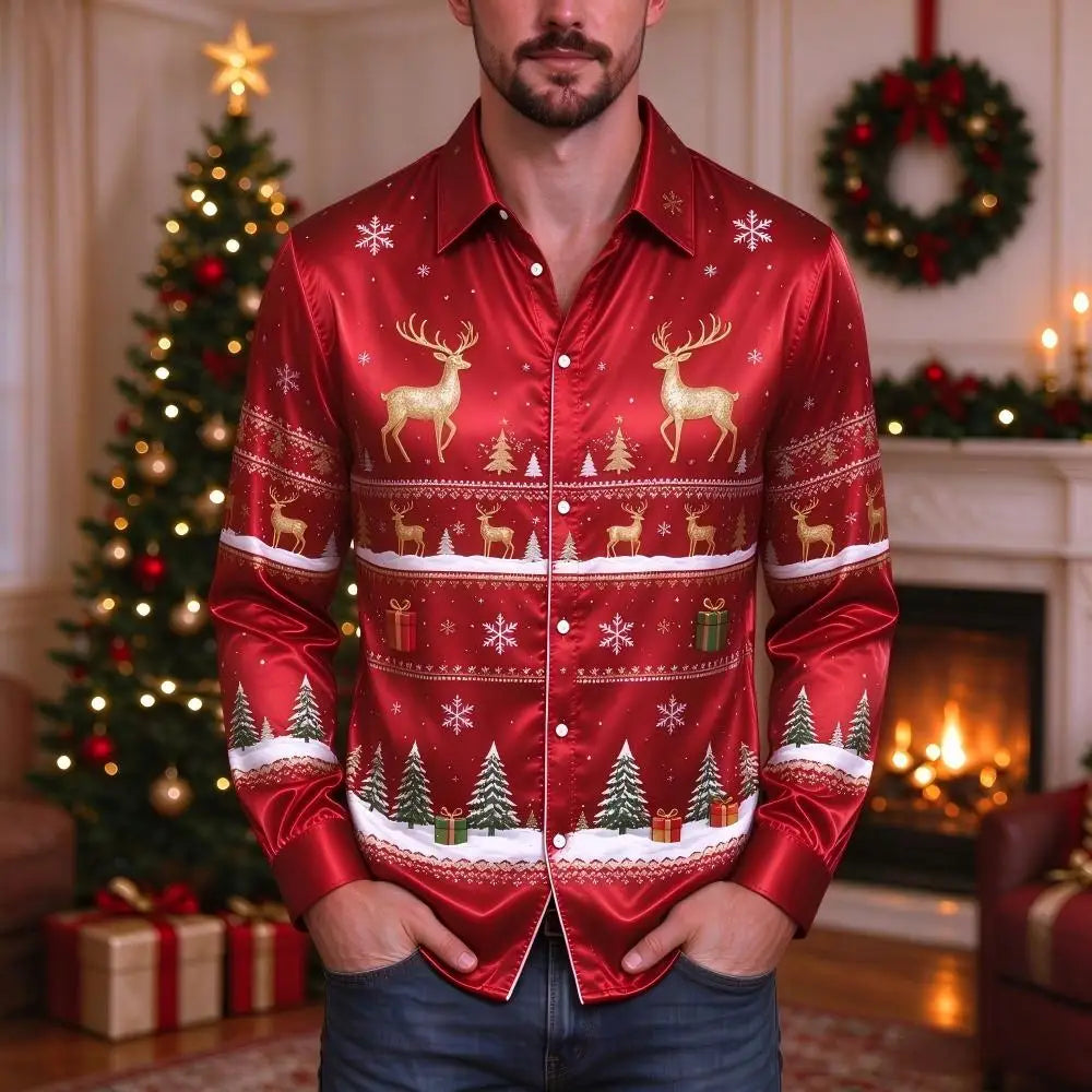 Ubbo | Satin Bell Print Button-Down Christmas Blouse for Men