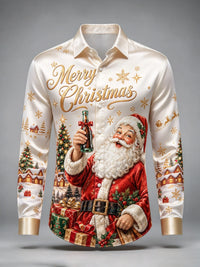 Darian | Santa Print Button-Front Christmas Blouse for Men