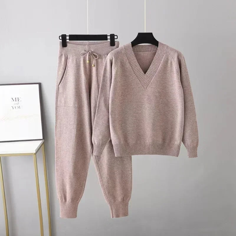 Margje | Ribbed V-Neck Sweat Set with Drawstring for Women