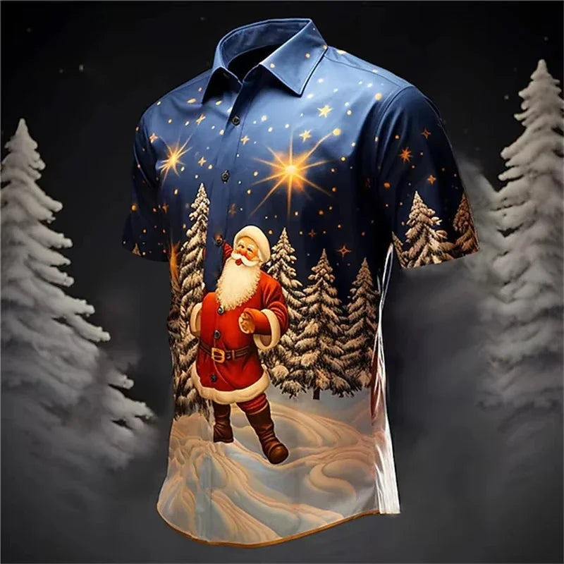 Carter | Short Sleeve Christmas Blouse with Santa Print for Men