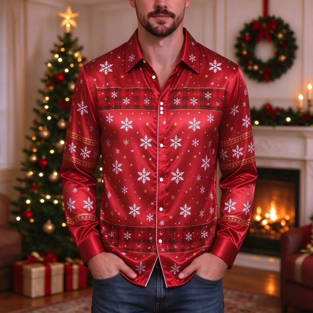 Ubbo | Satin Bell Print Button-Down Christmas Blouse for Men