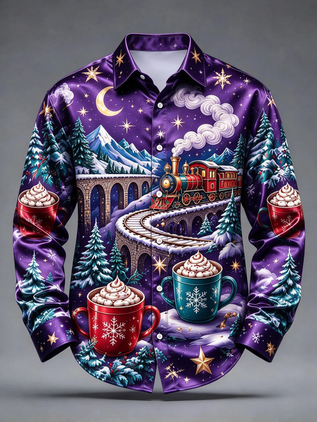 Rinus | Christmas Train Print Button-Up Shirt for Men