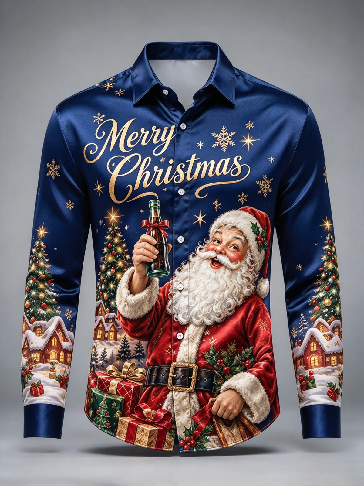 Darian | Santa Print Button-Front Christmas Blouse for Men