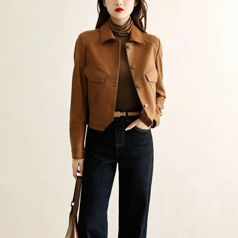Dietlinde | Notch Lapel Leather Jacket with Patch Pockets