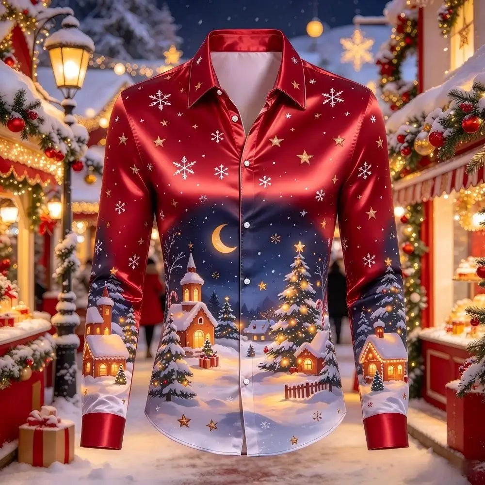 Leopold | Satin Gingerbread Print Button-Down Christmas Blouse