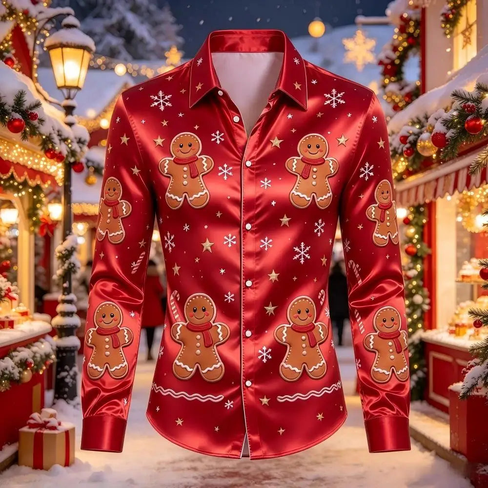 Leopold | Satin Gingerbread Print Button-Down Christmas Blouse