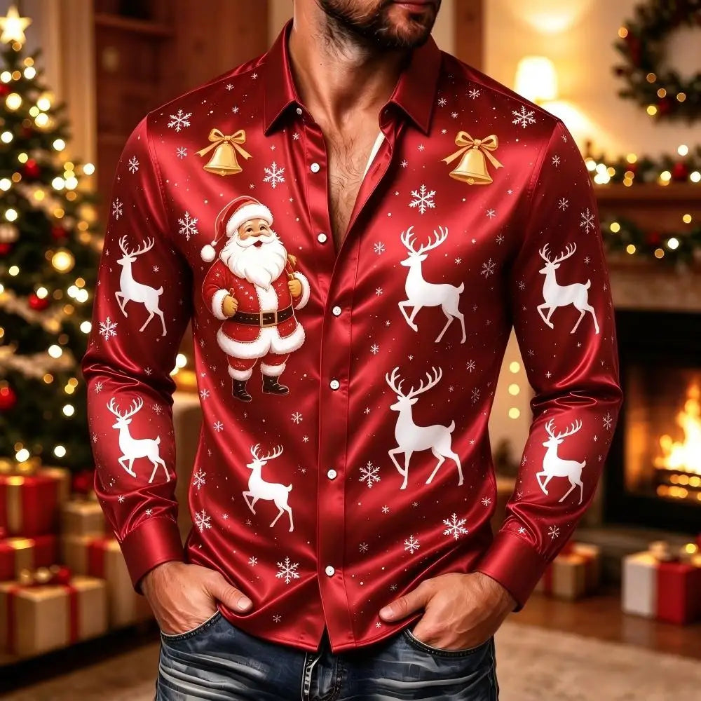 Ubbo | Satin Bell Print Button-Down Christmas Blouse for Men
