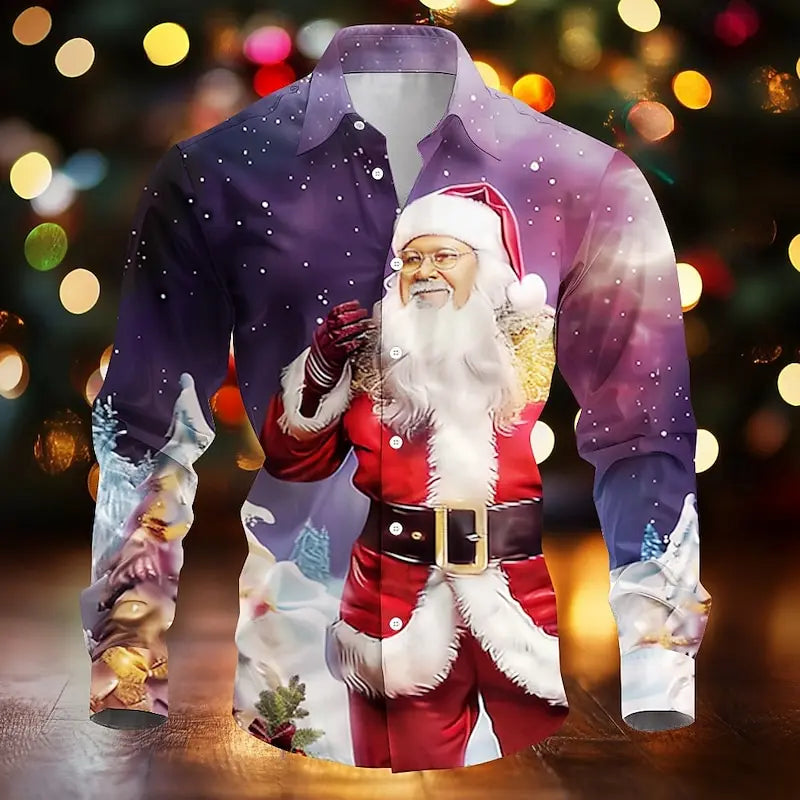 Cedric | Santa Print Button-Down Christmas Blouse for Men