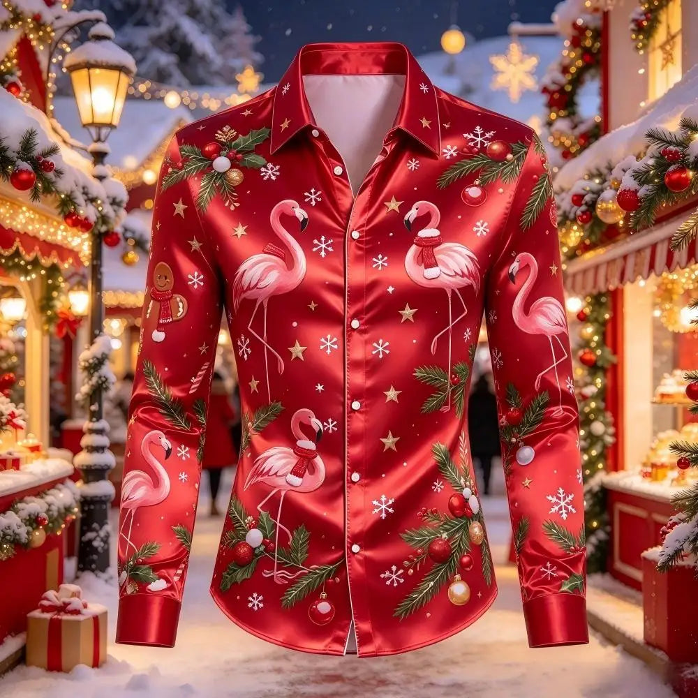 Leopold | Satin Gingerbread Print Button-Down Christmas Blouse
