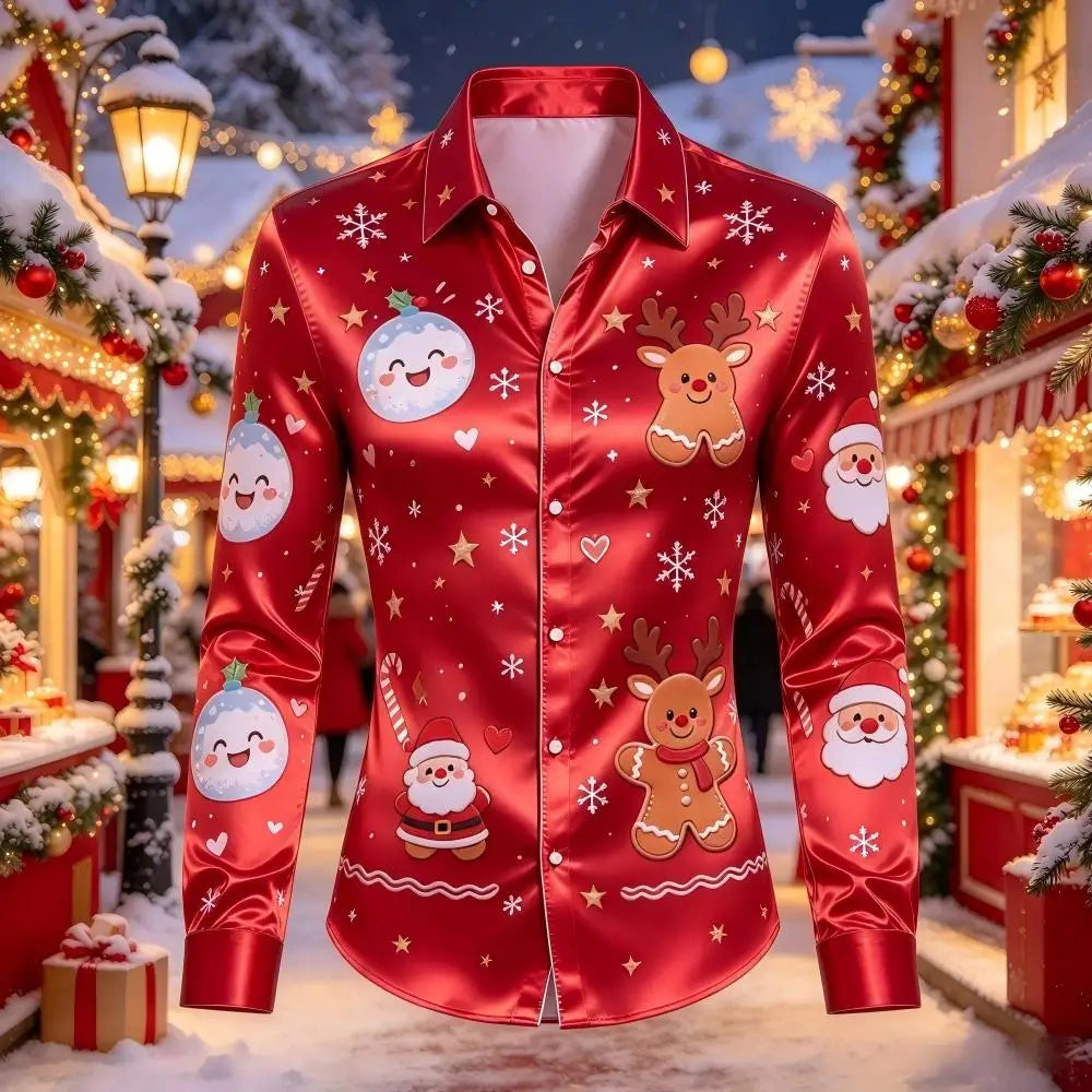 Leopold | Satin Gingerbread Print Button-Down Christmas Blouse