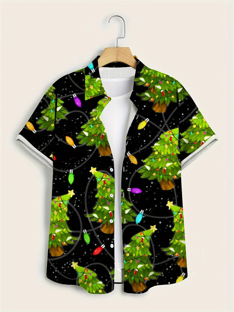 Henning | Santa Print Short Sleeve Christmas Blouse for Men