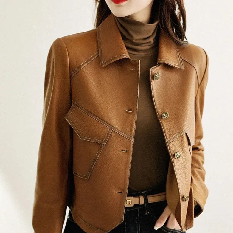 Dietlinde | Notch Lapel Leather Jacket with Patch Pockets