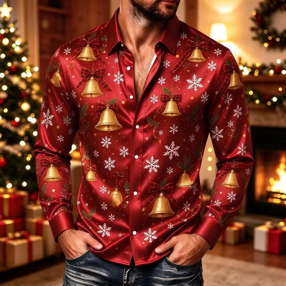 Ubbo | Satin Bell Print Button-Down Christmas Blouse for Men
