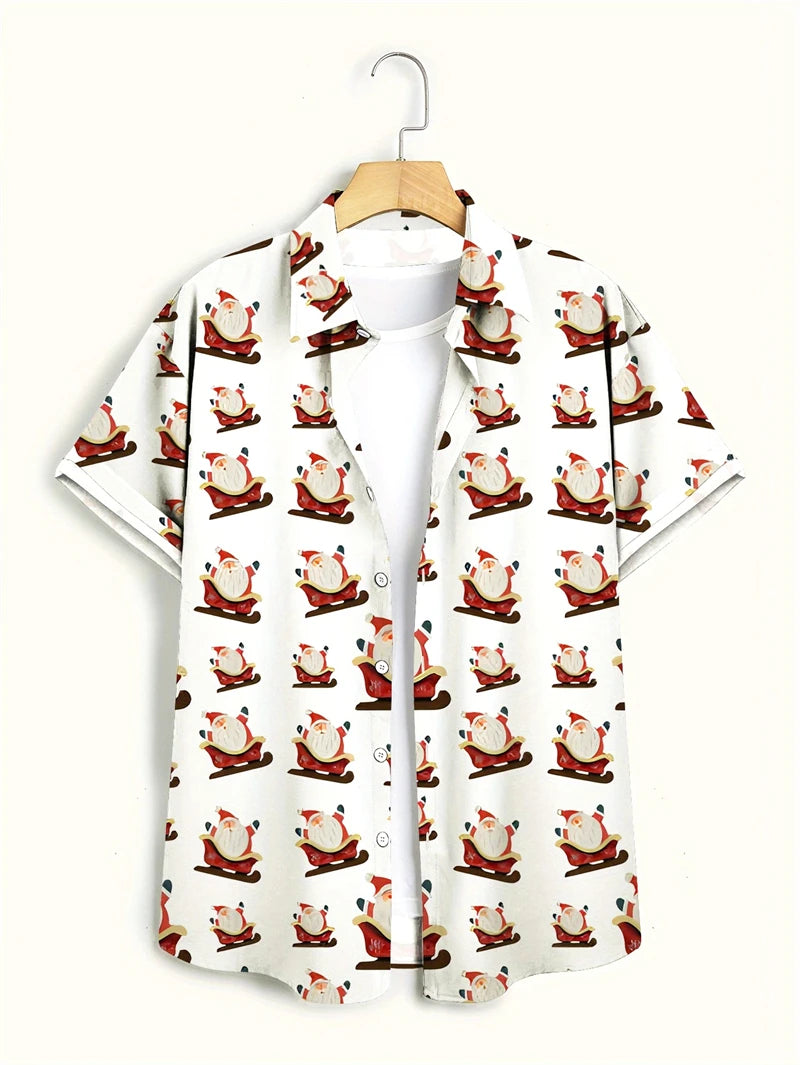 Henning | Santa Print Short Sleeve Christmas Blouse for Men