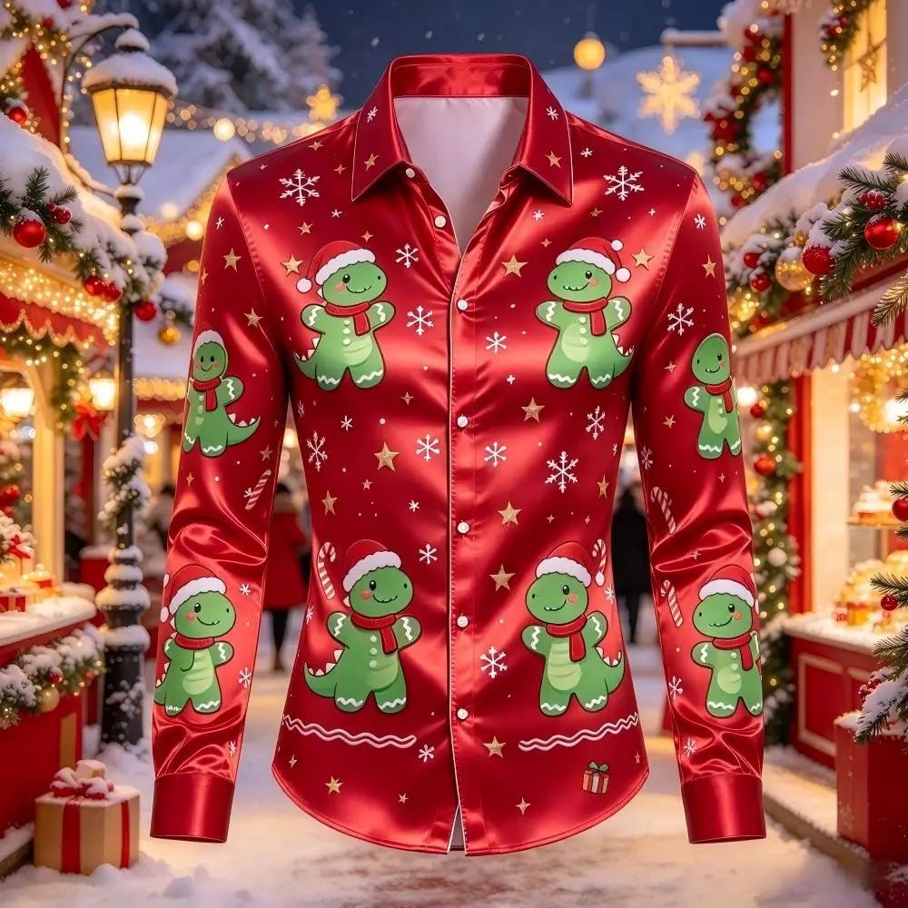 Leopold | Satin Gingerbread Print Button-Down Christmas Blouse