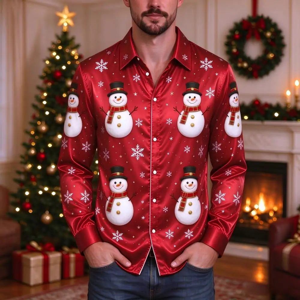 Ubbo | Satin Bell Print Button-Down Christmas Blouse for Men