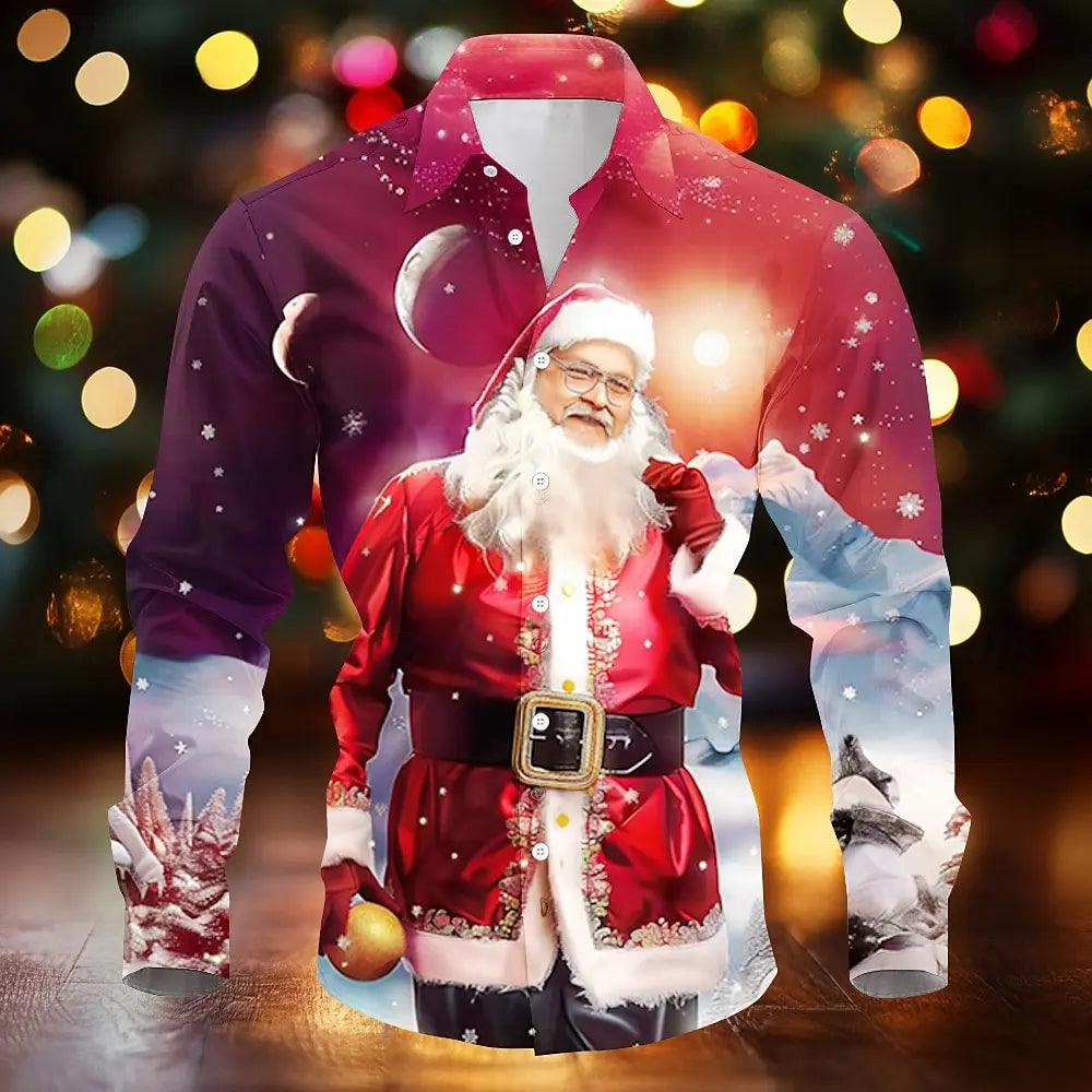Cedric | Santa Print Button-Down Christmas Blouse for Men