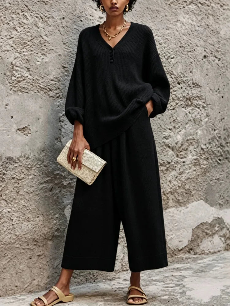 Traudl | Ribbed Knit Sweat Set with Button Placket for Women