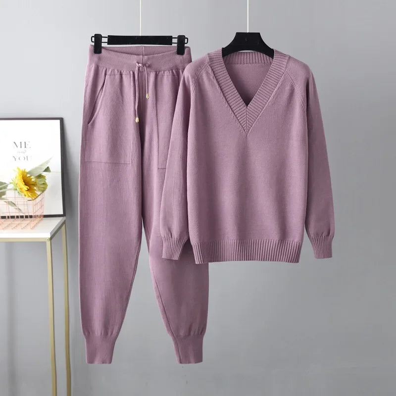 Margje | Ribbed V-Neck Sweat Set with Drawstring for Women