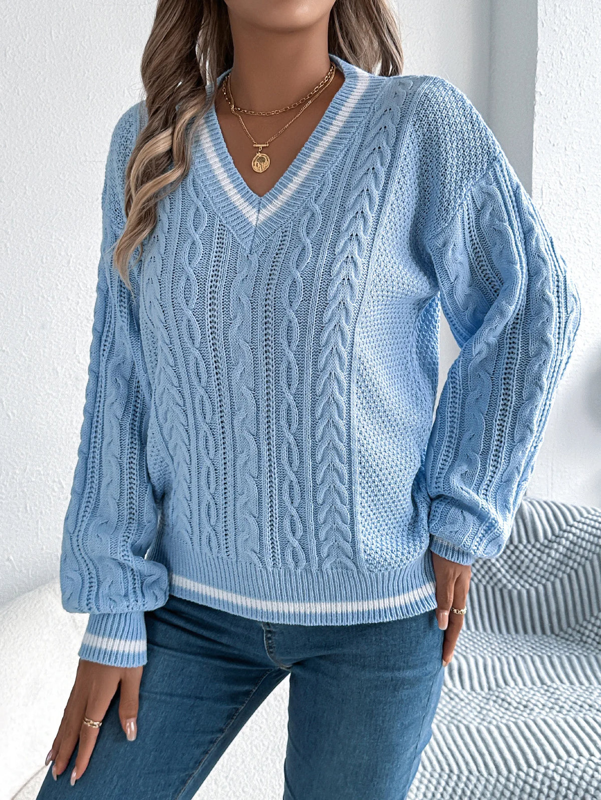 Fiona | Color Block V-Neck Cable Knit Sweater for Women