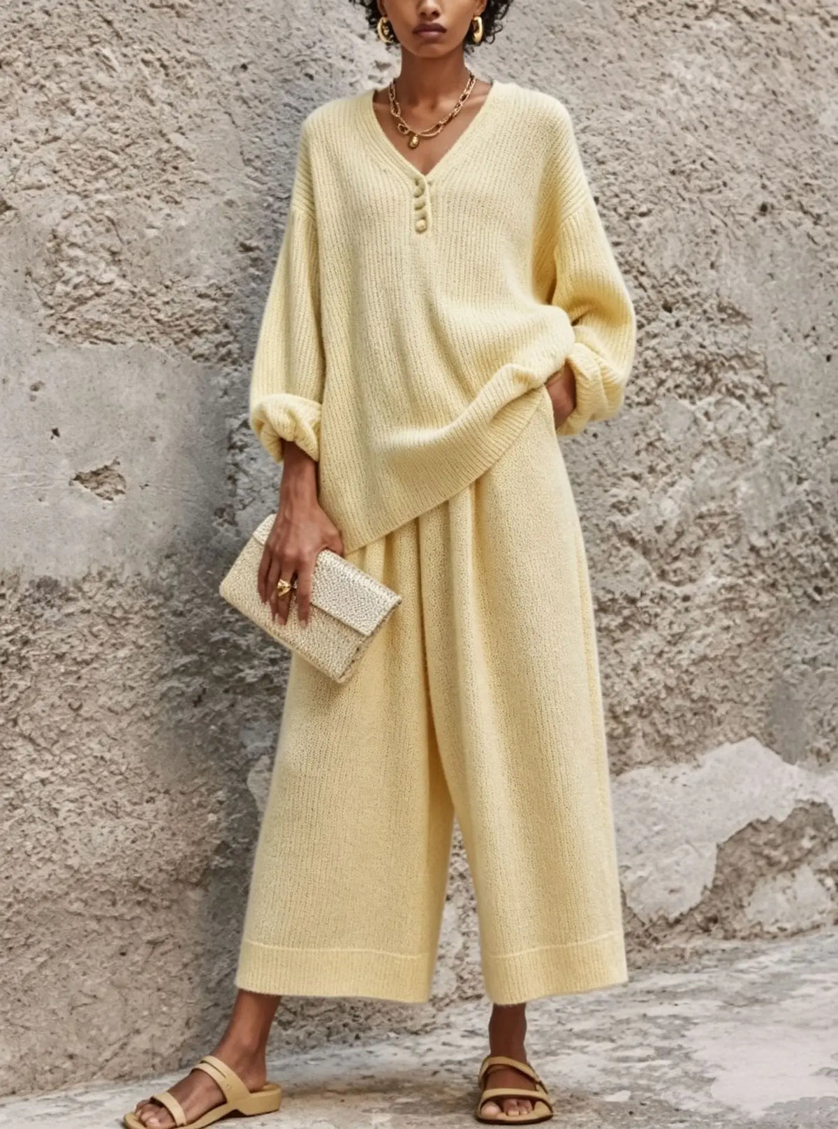Traudl | Ribbed Knit Sweat Set with Button Placket for Women