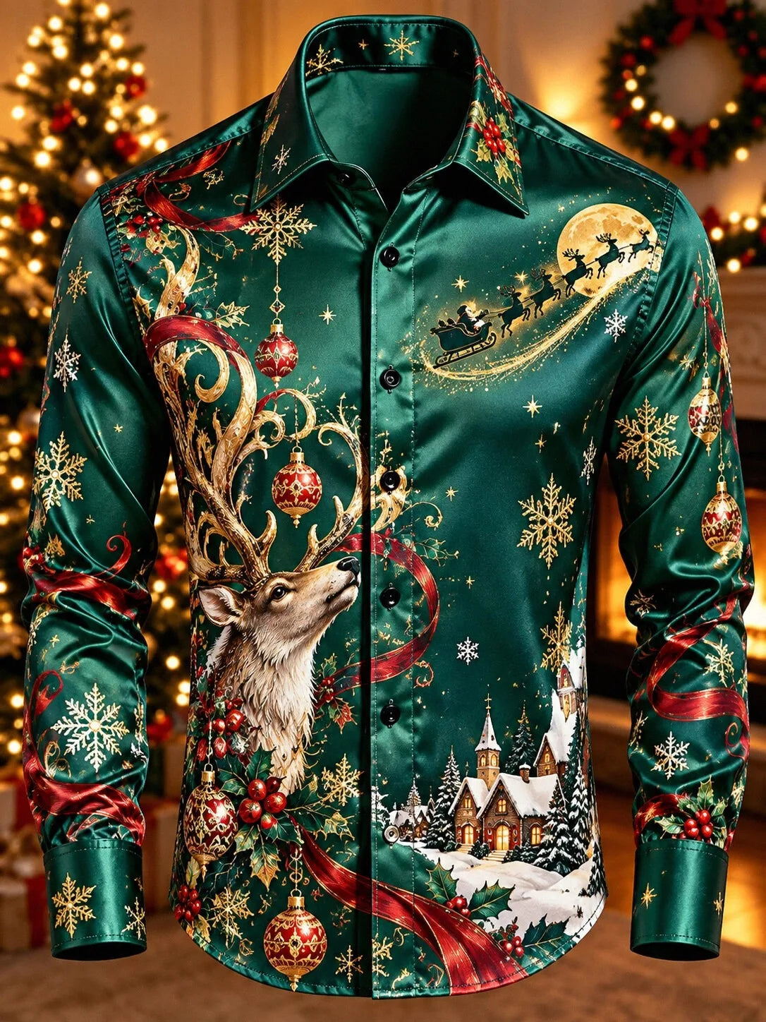 Jurriaan | Reindeer Print Button-Down Christmas Blouse for Men