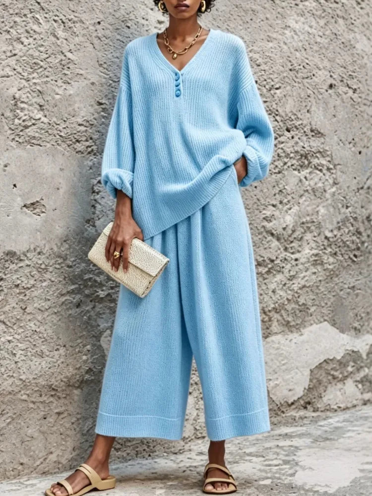 Traudl | Ribbed Knit Sweat Set with Button Placket for Women