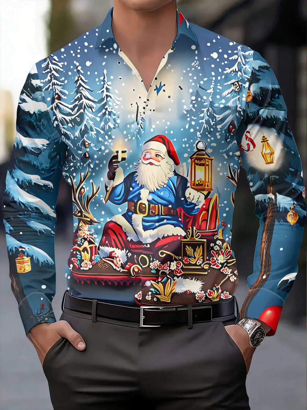 Anatole | Santa Claus Print Button-Down Christmas Blouse for Men