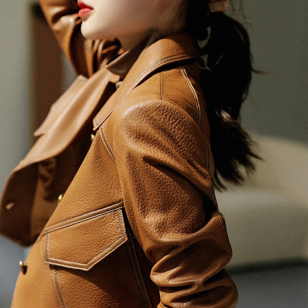 Dietlinde | Notch Lapel Leather Jacket with Patch Pockets