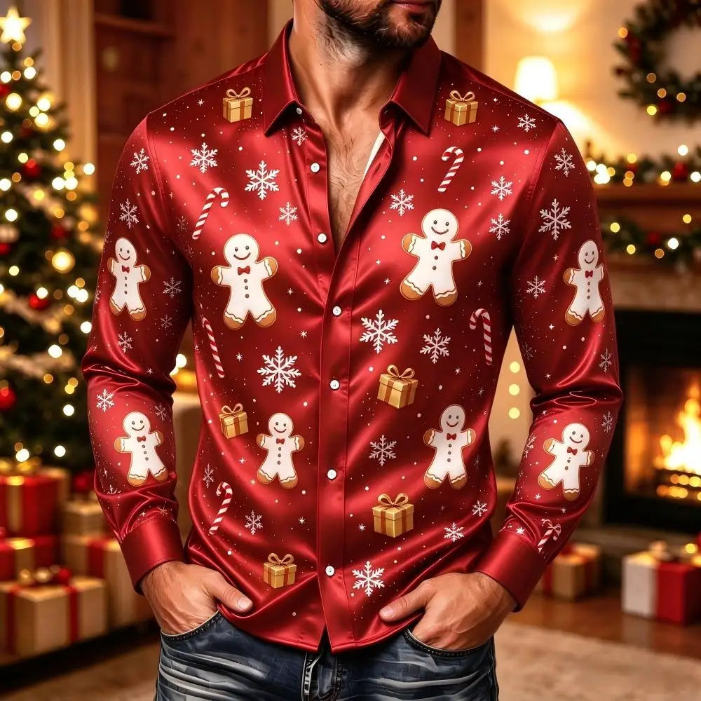 Ubbo | Satin Bell Print Button-Down Christmas Blouse for Men