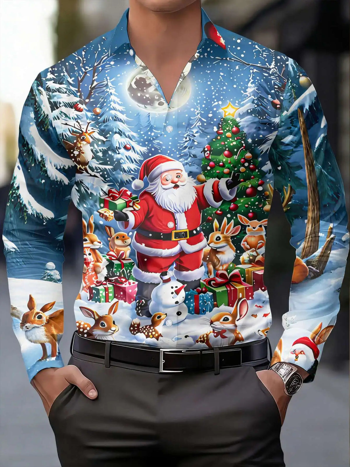 Anatole | Santa Claus Print Button-Down Christmas Blouse for Men