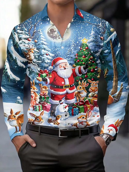 Anatole | Santa Claus Print Button-Down Christmas Blouse for Men