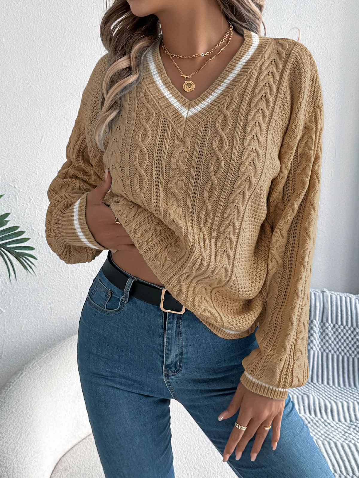 Fiona | Color Block V-Neck Cable Knit Sweater for Women