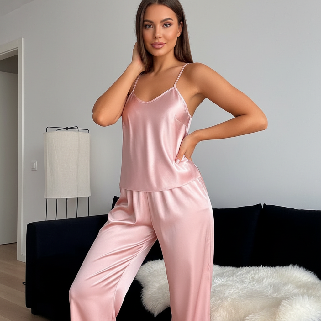 Reintje | V-Neck Satin-Finish Pajamas Set with Ankle-Length Pants