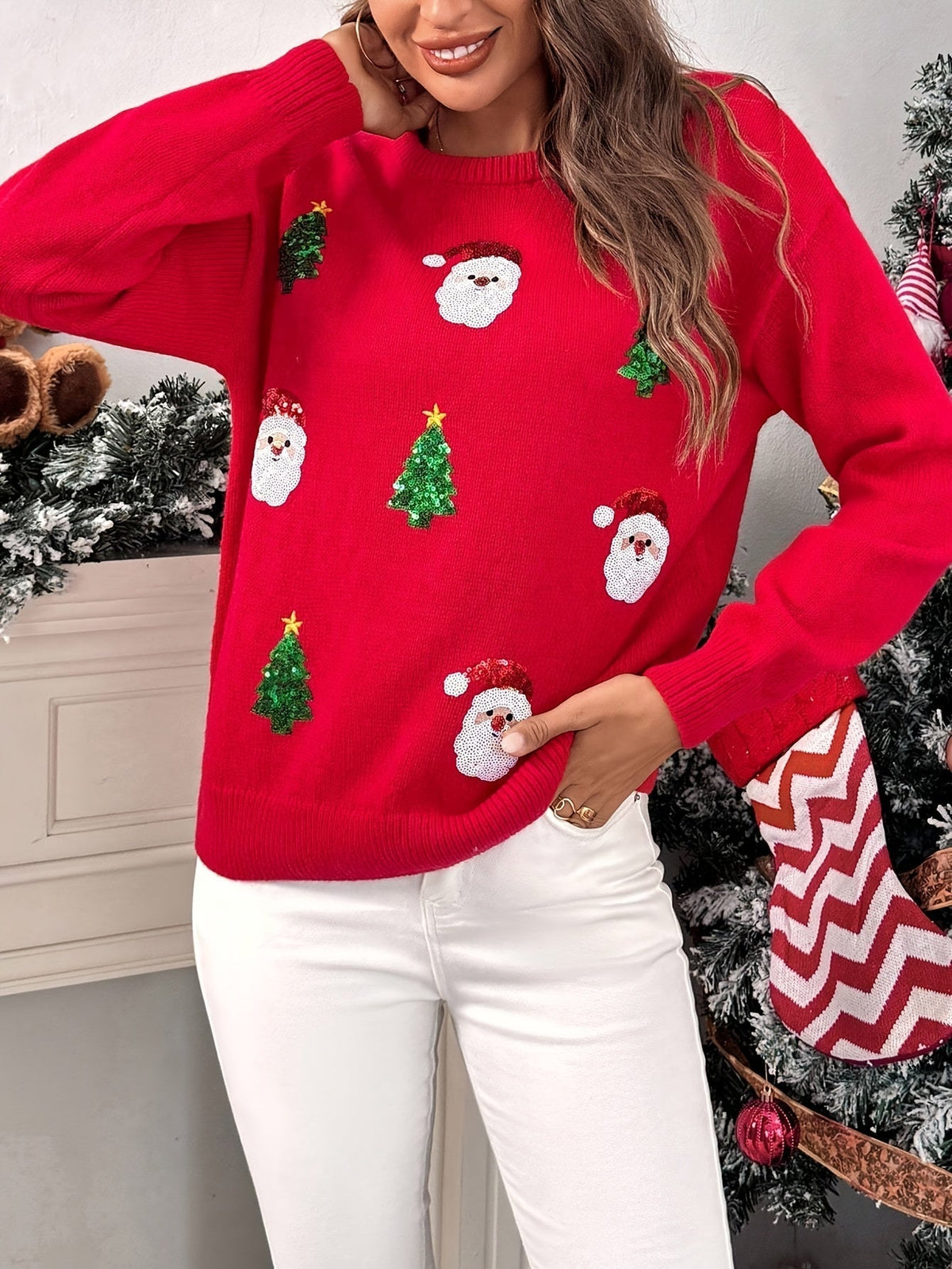 Wilma | Red Crew Neck Christmas Sweater for Women