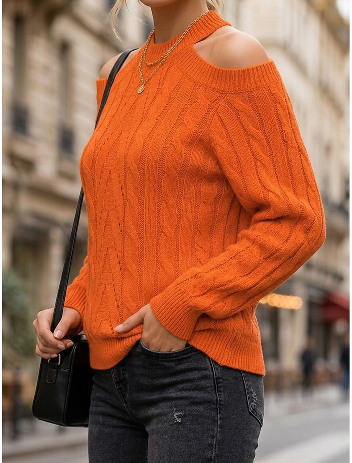 Merel Cable Knit Sweater with Cold-Shoulder Cutout for Women