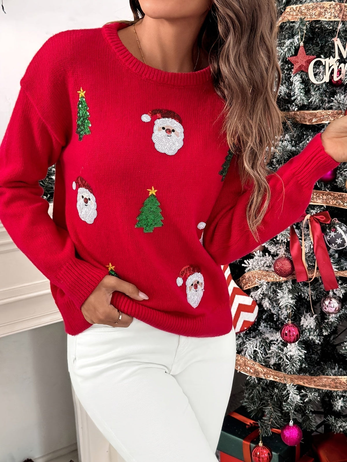Wilma | Red Crew Neck Christmas Sweater for Women