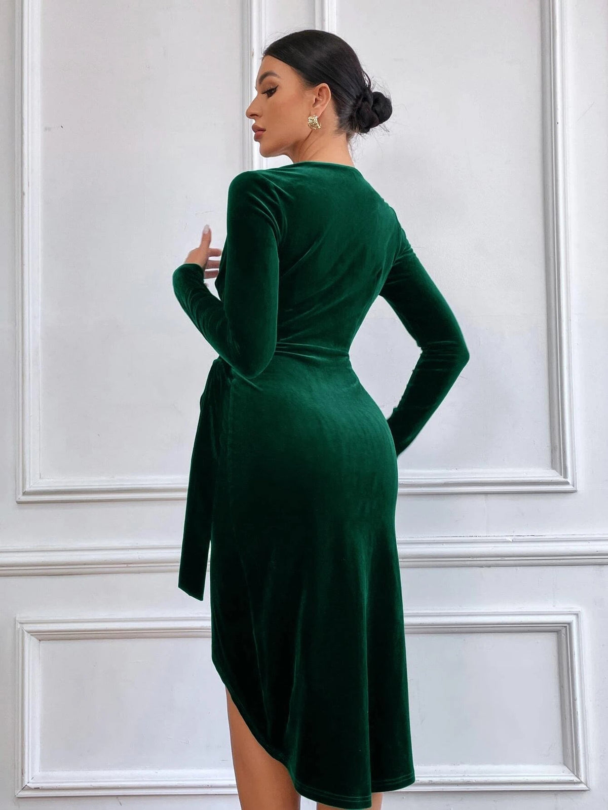 Veyralinne | Draped V-Neck Long Sleeve Dress with High Slit