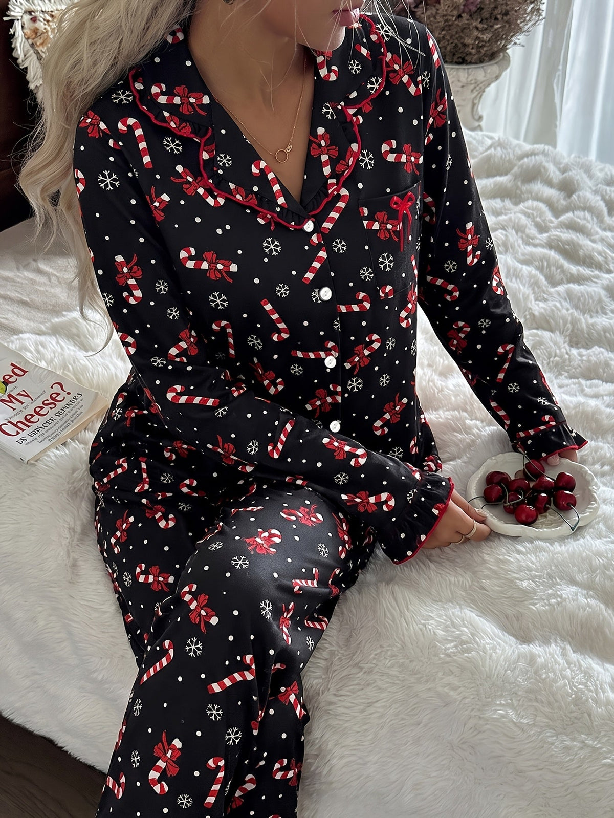 Roswitha | Candy Cane Print Pajamas with Ruffle Trim for Women