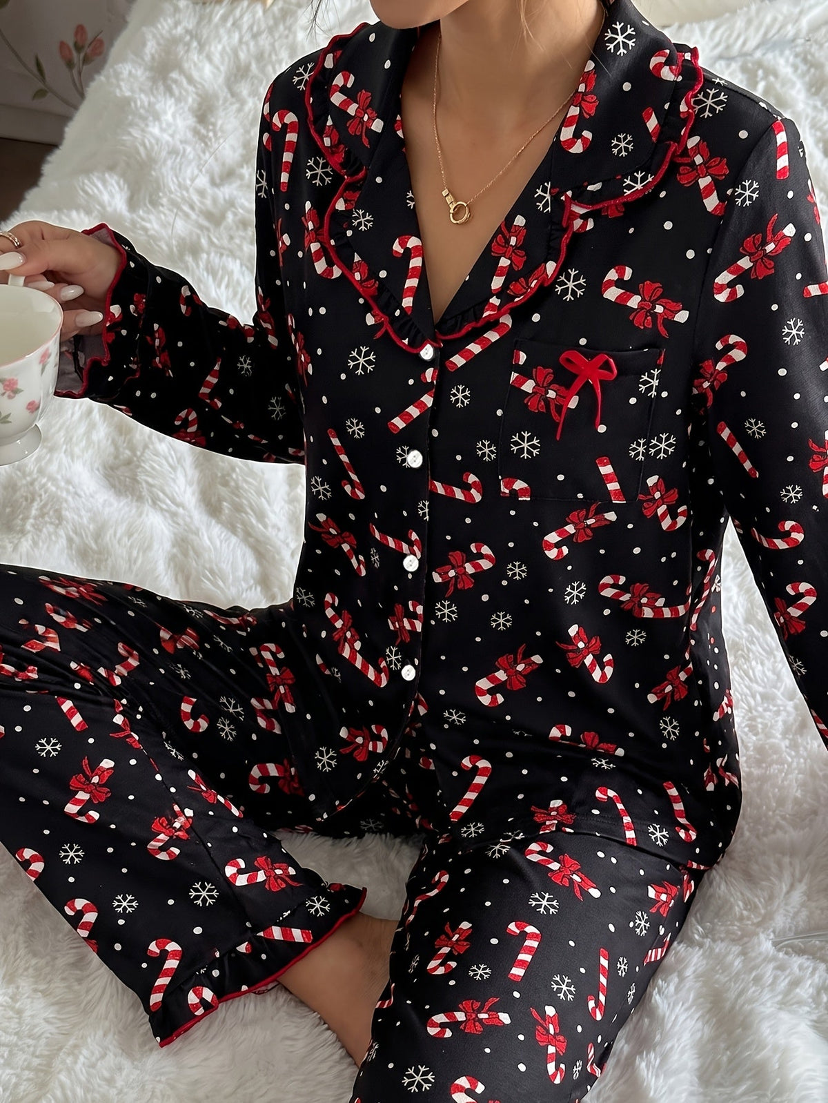 Roswitha | Candy Cane Print Pajamas with Ruffle Trim for Women